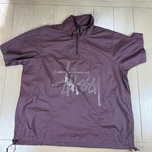 Stussy Warm Up Shell Jacket Mens Small Burgundy Short Sleeve Nylon Quarter Zip